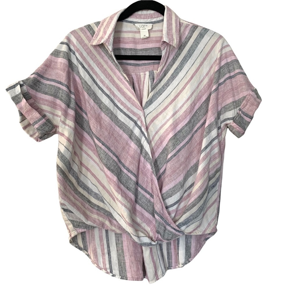 Loft Factory Lounge Striped Linen Blend Surplice Hi Low Short Sleeve Top Medium